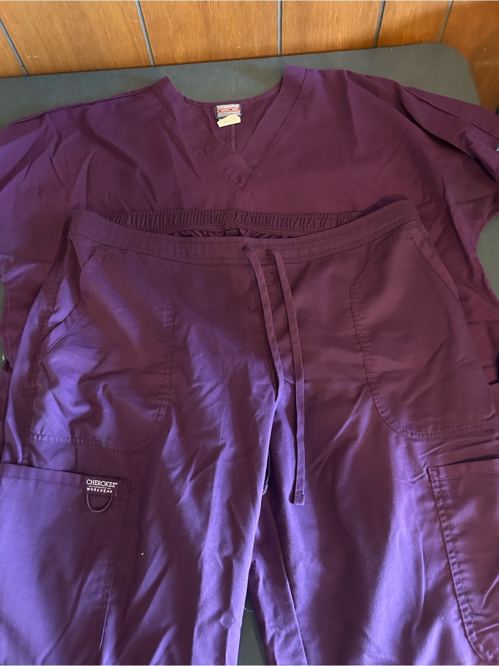 Cherokee Purple Scrub Top and Drawstring Jogger Pants XL top; Large Pants